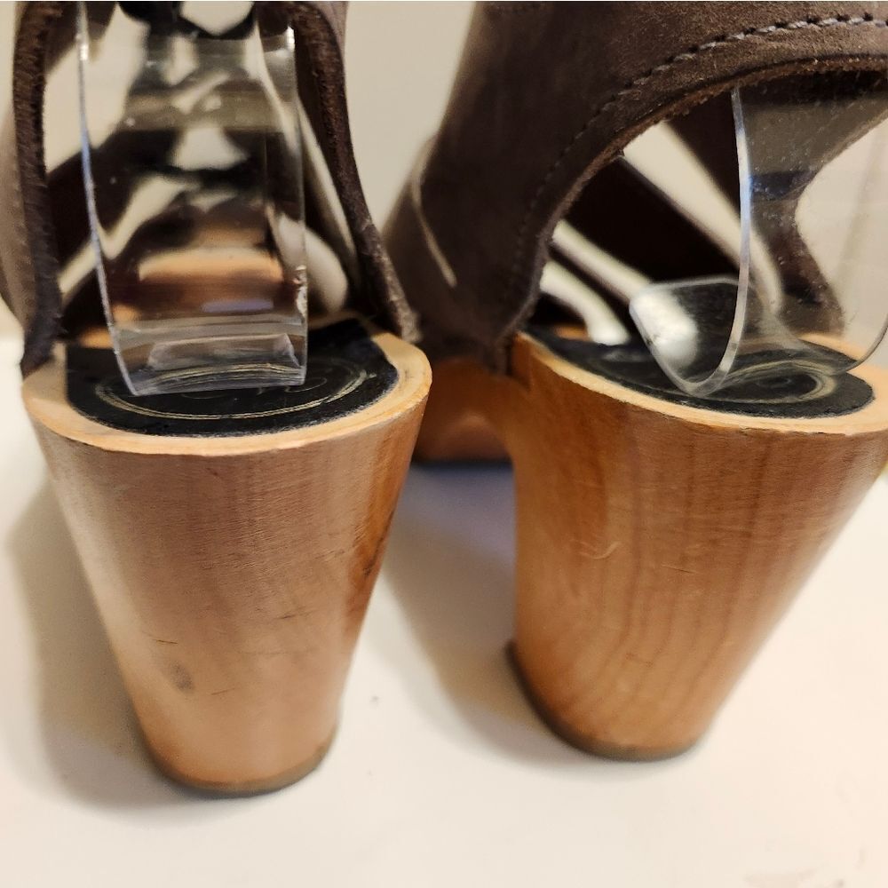 No. 6 Taupe Nubuck Leather Lace Up Corset Open Toe Wood Clogs Sz.6/36  Ret.$260 - Picture 9 of 13